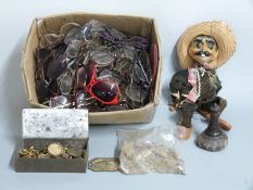 Large quantity of spectacles, Mexican or similar style puppet, Serpentine lighthouse, buttons, keys