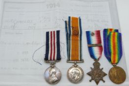 British Army WWI Military medal group comprising Military medal, Aug-Nov 1914 Mons Star, War Medal