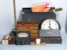 Smiths Bakelite wall clock, galvanometer, desk stamp, letter rack etc