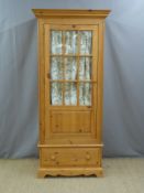Glazed pine wardrobe or hall cupboard with drawer below, W88 x D60 x H196cm