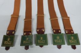 Five Bisley English canvas rifle slings with brass and leather fittings, all new with tags