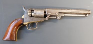 Colt 1849 pocket single action five-shot revolver with part brass frame, cylinder engraved Colts