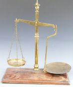 W & T Avery Ltd brass banker's or similar beam scale on wooden base, H60cm