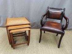 Nest of retro G Plan tables and a Regency style chair