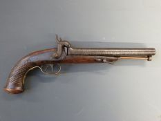 Unnamed approximately 15 bore double barrel side by side percussion hammer action howdah pistol with