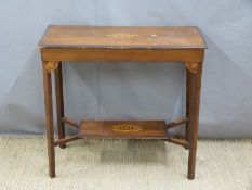 A 19thC inlaid side table with shelf below, W78 x D42 x H70cm and an inlaid cupboard with drawer