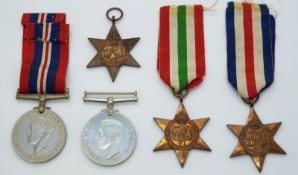 British Army WWII medals comprising the 1939/1945 Star, Africa Star, Italy Star, War Medal and