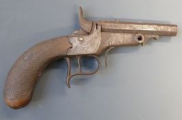 Continental .300 rimfire saloon style pistol with engraved lock, chequered grip, spurred trigger