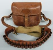 Perfecta 75 brown leather cartridge bag with canvas and leather shoulder strap, stamped Pat. 7923