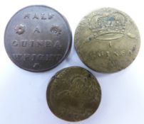 Three George II brass coin weights for gold guinea and half guineas, each with profile busts