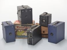 Boxed Ensign box camera, two vintage Blue Ensign E29 box cameras and a Coronet 9.5mm cine camera