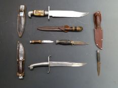 Nine assorted knives to include two by William Rogers, two throwing knives, large Bowie example