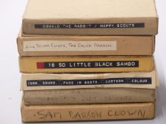 Six various 16mm cartoon cine film reels marked 'The Calico Dragon', 'Oswald the Rabbit /Happy