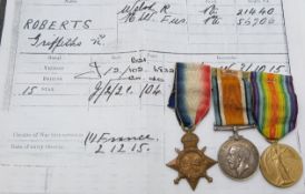 British Army WWI medals comprising 1914/1915 Star, War Medal and Victory Medal named to 21440 Pte