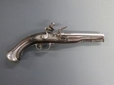 Lazari flintlock hammer action coat pistol with steel butt cap, trigger guard and mounts, inlaid