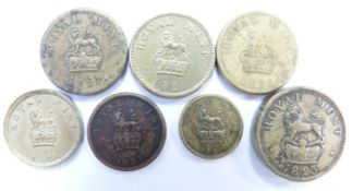 Seven George IV Royal Mint milled brass coin weights for gold double sovereign dated 1823,