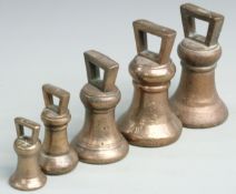 A run of Georgian bronze bell weights, 7lb to 1lb and an extra 7lb weight with various proof marks