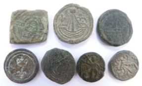 Seven Medieval coin weights for gold coin including English ½ Noble and Ryal series etc, designs
