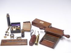 Quantity of scientific and similar equipment to include three draw telescope, pill maker, cased
