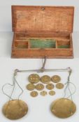 18thC /19thC travelling beam scales with ivory pans, together with various weights, width of box