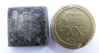 Two Charles I coin weights for gold unites, one round brass and one square, both having king's