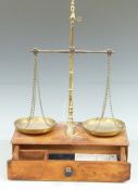 Degrave & Co, London, brass travelling banker's or similar beam scale with drawer below, H58cm