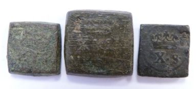 Three James I square bronze coin weights for gold unite, angel and eleven shillings (half unite),