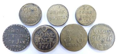 Seven George III brass coin weights for gold guinea etc, includes 5DWT 6 GR examples, dates