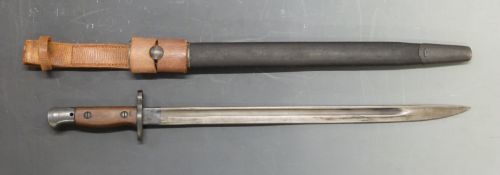 British Army 1907 pattern bayonet by Wilkinson, complete with leather scabbard and frog, blade