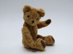 Merrythought Cheeky Teddy bear with bells in the ears, blonde mohair and jointed limbs, 38cm tall.