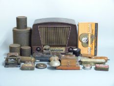 Quantity of collectables to include vintage Bakelite radio, battery tester, Rabone steel tape