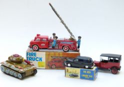 Four tin plate model vehicles including a Japanese friction powered Fire Truck, The New London