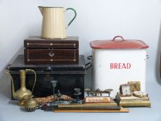 Vintage twin-handled enamel bread bin, jug, metal deed box with lift-out tray, brassware, scales,