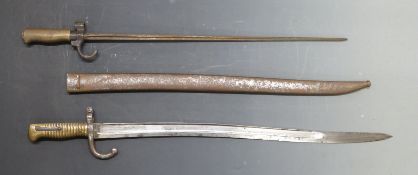 French 1886 pattern Lebel bayonet, blade length 52cm, together with an 1886 Chassepot example with