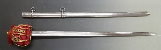 Scottish Claymore broad sword with brass basket hilt and metal scabbard, blade length 84cm