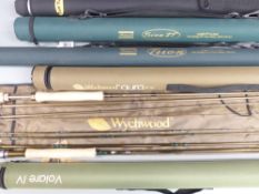 Two travelling fly rods and three fly rod tubes including Wychwood Aura 10' #7 and a Leeda Volare