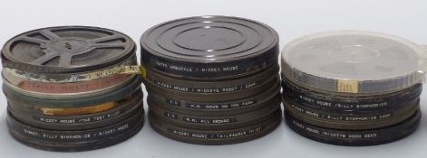 Fourteen 9.5 Mickey Mouse and similar cine film reels to include examples marked 'Tailwagger Thief',