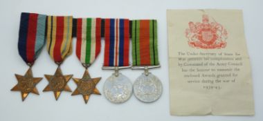 British Army WWII medals comprising the 1939/1945 Star, Africa Star, Italy Star, War Medal and