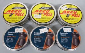 Six tins of .177 air rifle pellets comprising three H&N Sport Baracuda Hunter and three Webley