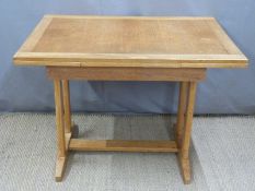 Arts & Crafts style light elm extending table, minimum length 106, maximum length 166, W76 x H77cm