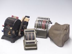 Three vintage mechanical calculators comprising Addi 7, Countess and Resulta-BS7