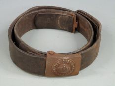 German Army WWI leather belt stamped Brauer & Writh Stuttgart 1914 with metal 'Got Mit Uns' buckle