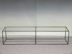Sectional tubular and sheet glass shop fitting single tier shelf unit, W36 x D36 x H103cm,