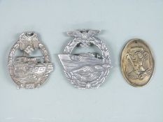 WWII German Third Reich style Kriegsmarine boat badge together with a Panzer badge 50 engagements