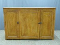 A 19th/early 20thC three door housekeeper's cabinet with scumbled finish, W180 x D41 x H117cm