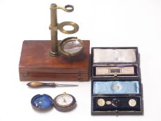 Cased field microscope, two cased slides including one of a vase of flowers composed of 421 pieces