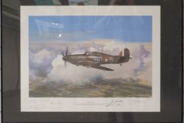 Royal Air Force Geoff Nutkins Hurricane print with signatures including 'Jas' Storrar, 64 x 48cm