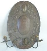 Arts and Crafts candle wall sconce with hammered copper oval back, H43cm