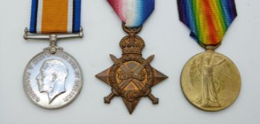 British Army WWI medals comprising 1914/1915 Star, War Medal and Victory Medal named to SE 9145