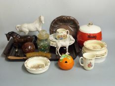 Beswick horses, Clarice Cliff preserve pot, Bakelite tray, Haig ice bucket, Bunnykins etc
